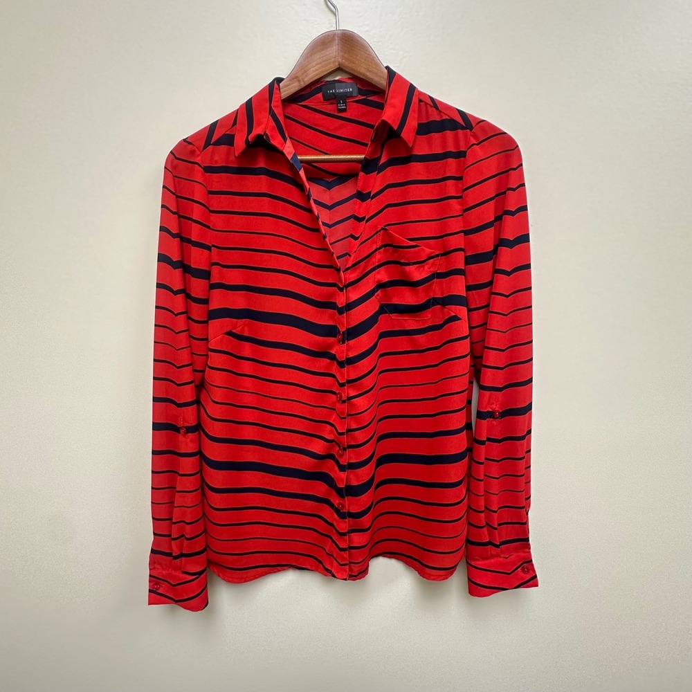 The Limited Red Navy Blue Striped Roll Tab Sleeve Button Down Shirt Small